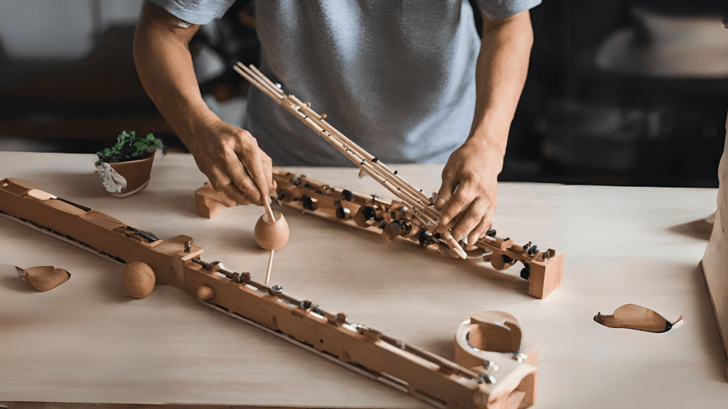 homem construindo um instrumento musical caseiro